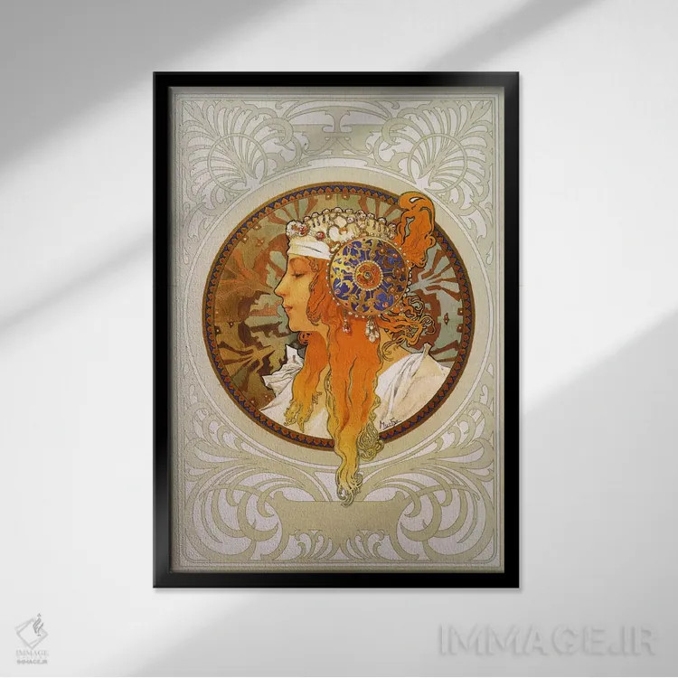 تابلو سرهای بیزانسی: بلوند (۱۸۹۷) اثر آلفونس موخا (هنرمند آرت نووی چک) - نمای قابدار مشکی