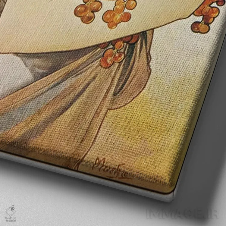 تابلو میوهها، ۱۸۹۷ اثر آلفونس موخا (هنرمند آرت نووی چک) - نمای نزدیک بافت بوم