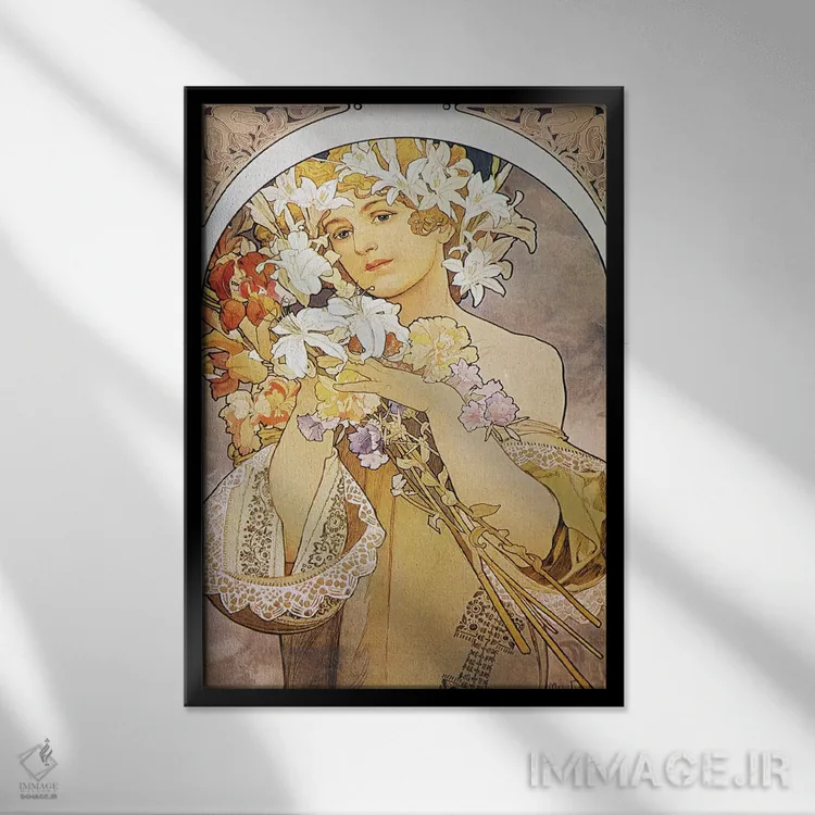 تابلو گلها، ۱۸۹۷ اثر آلفونس موخا (هنرمند آرت نووی چک) - نمای قابدار مشکی