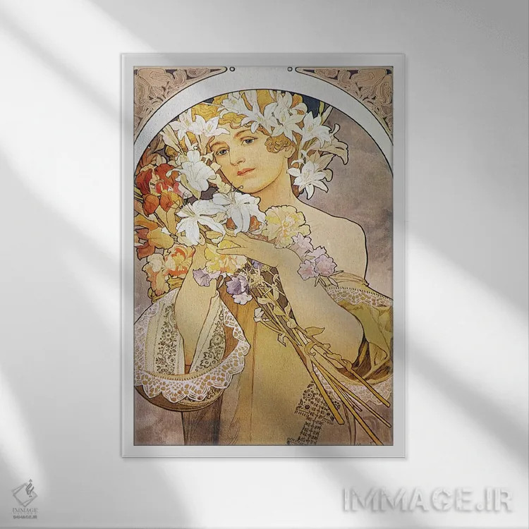 تابلو گلها، ۱۸۹۷ اثر آلفونس موخا (هنرمند آرت نووی چک) - نمای قابدار سفید