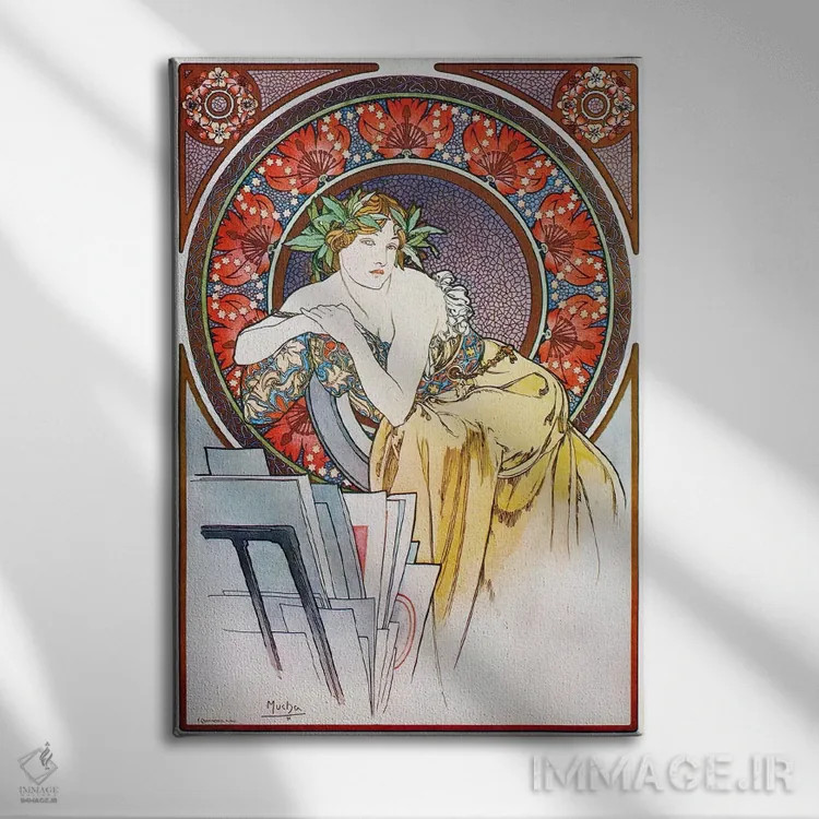 تابلو دختر با سهپایه نقاشی، ۱۸۹۸ اثر آلفونس موخا (هنرمند آرت نووی چک) - نمای روبهرو روی دیوار