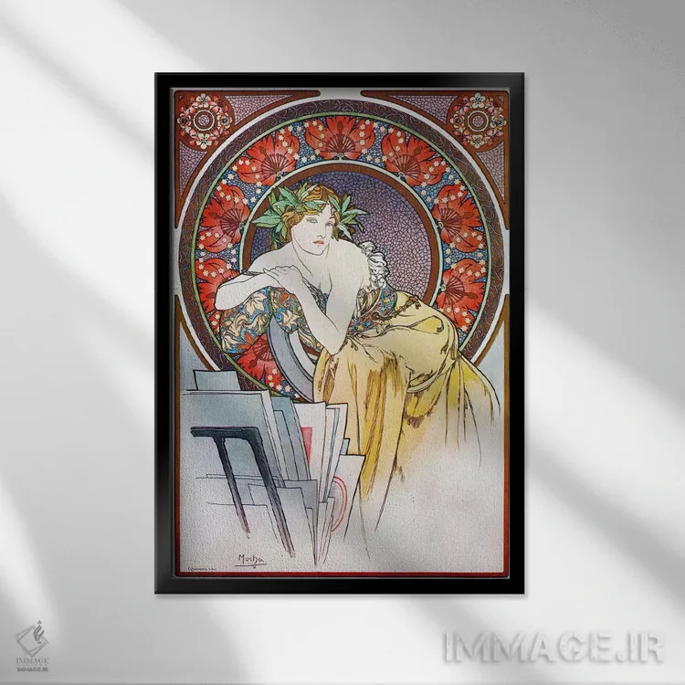 تابلو دختر با سهپایه نقاشی، ۱۸۹۸ اثر آلفونس موخا (هنرمند آرت نووی چک) - نمای قابدار مشکی