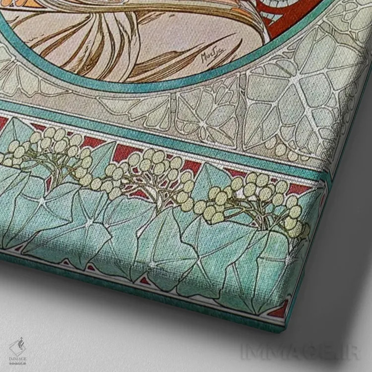 تابلو پیچک، ۱۹۰۱ (شماره ۲) اثر آلفونس موخا (هنرمند آرت نووی چک) - نمای نزدیک بافت بوم