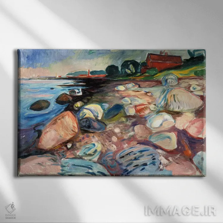 تابلو ساحل با خانهٔ قرمز، ۱۹۰۴ اثر ادوارد مونک (نقاش نروژی) - نمای روبهرو روی دیوار