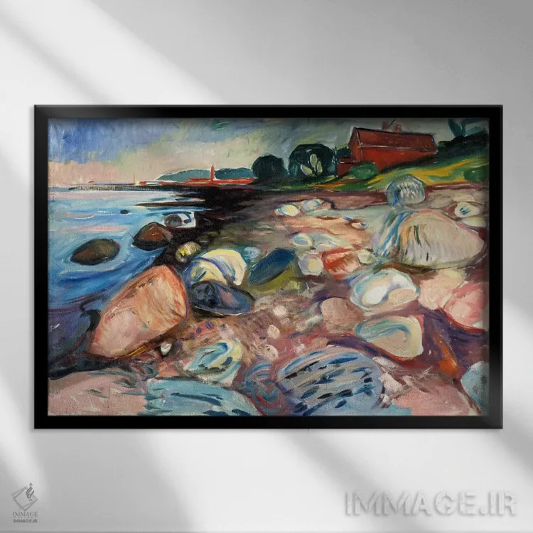 تابلو ساحل با خانهٔ قرمز، ۱۹۰۴ اثر ادوارد مونک (نقاش نروژی) - نمای قابدار مشکی