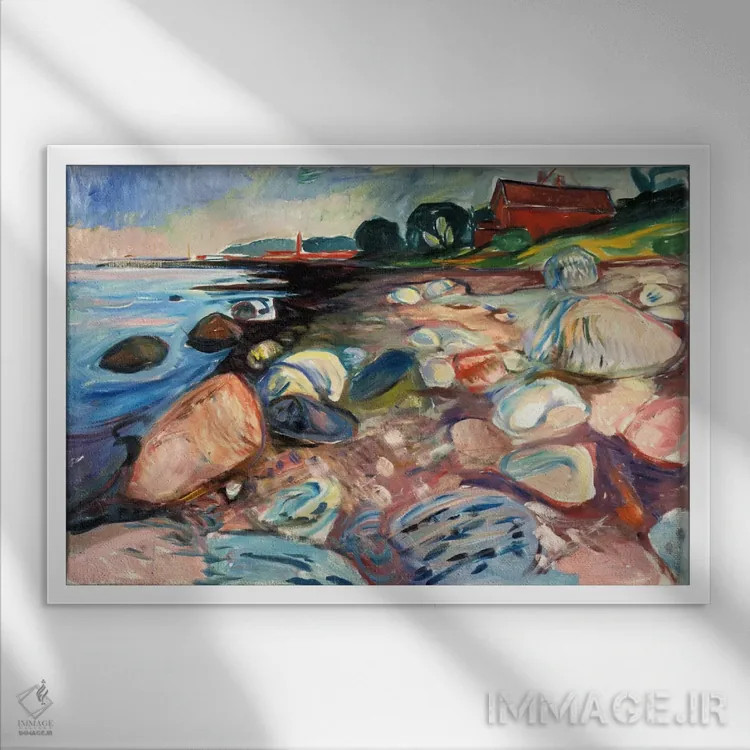 تابلو ساحل با خانهٔ قرمز، ۱۹۰۴ اثر ادوارد مونک (نقاش نروژی) - نمای قابدار سفید