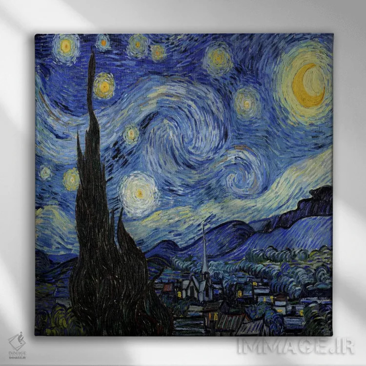 تابلو شب پرستاره اثر ونسان ون گوگ (نقاش مشهور هلندی پستامپرسیونیسم) - نمای روبهرو روی دیوار