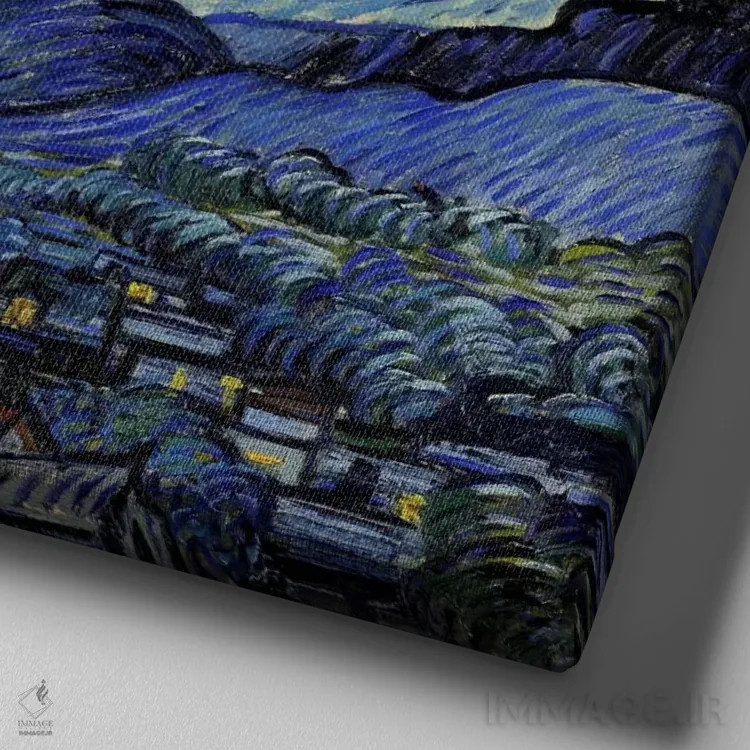 تابلو شب پرستاره اثر ونسان ون گوگ (نقاش مشهور هلندی پستامپرسیونیسم) - نمای نزدیک بافت بوم