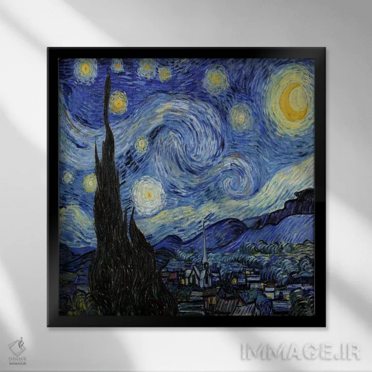 تابلو شب پرستاره اثر ونسان ون گوگ (نقاش مشهور هلندی پستامپرسیونیسم) - نمای قابدار مشکی