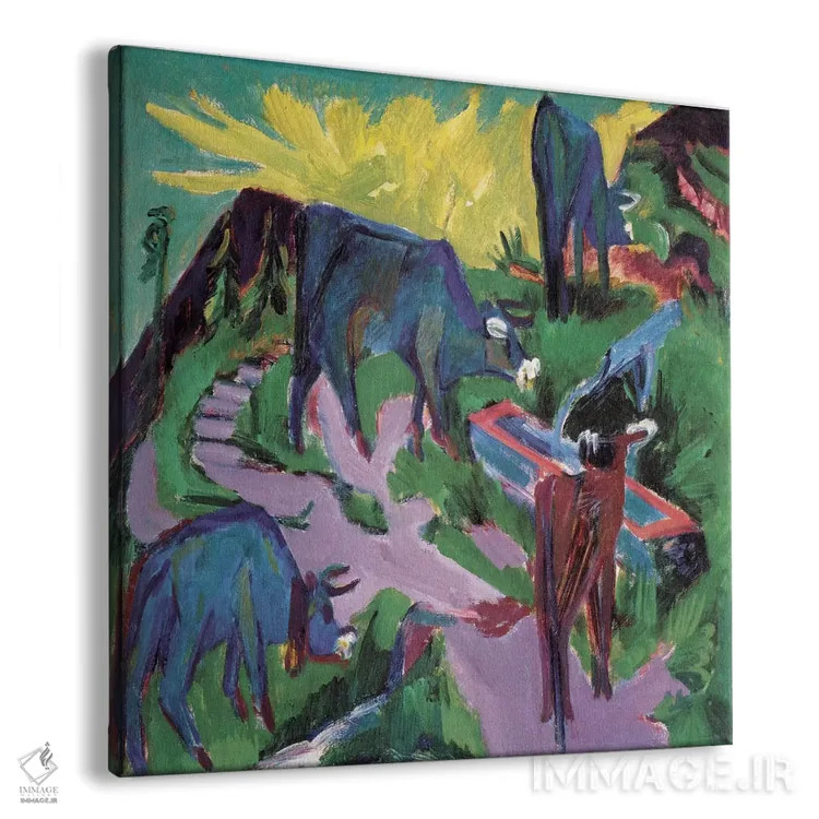 تابلو گاوها در غروب اثر ارنست لودویگ کیرشنر (نقاش اکسپرسیونیست آلمانی) - نمای پرسپکتیو محصول