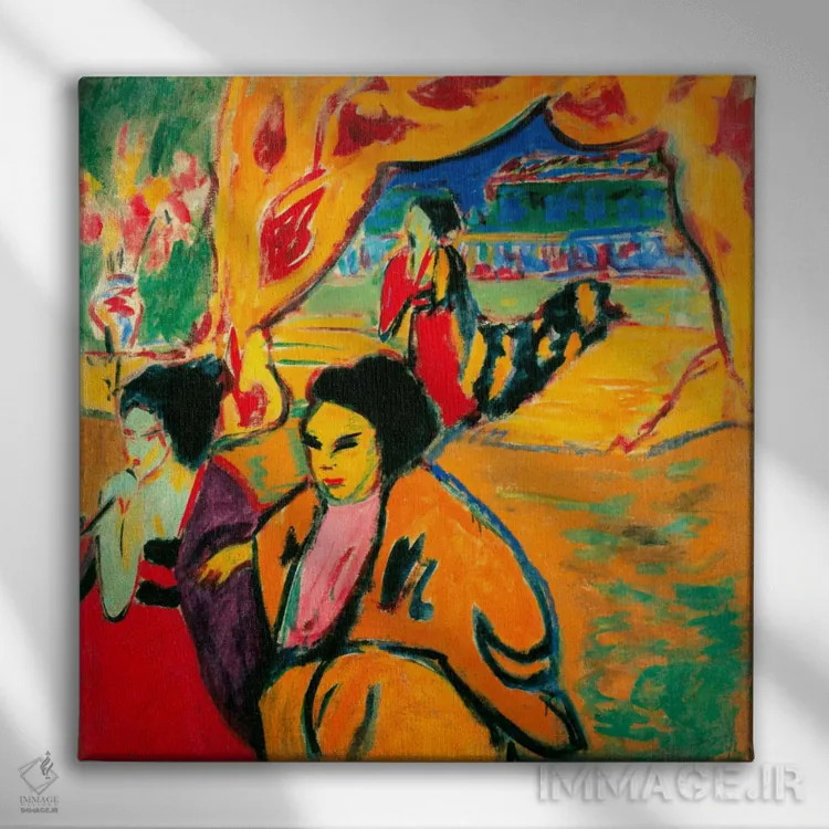 تابلو تئاتر ژاپنی، ۱۹۰۹ اثر ارنست لودویگ کیرشنر (نقاش اکسپرسیونیست آلمانی) - نمای روبهرو روی دیوار