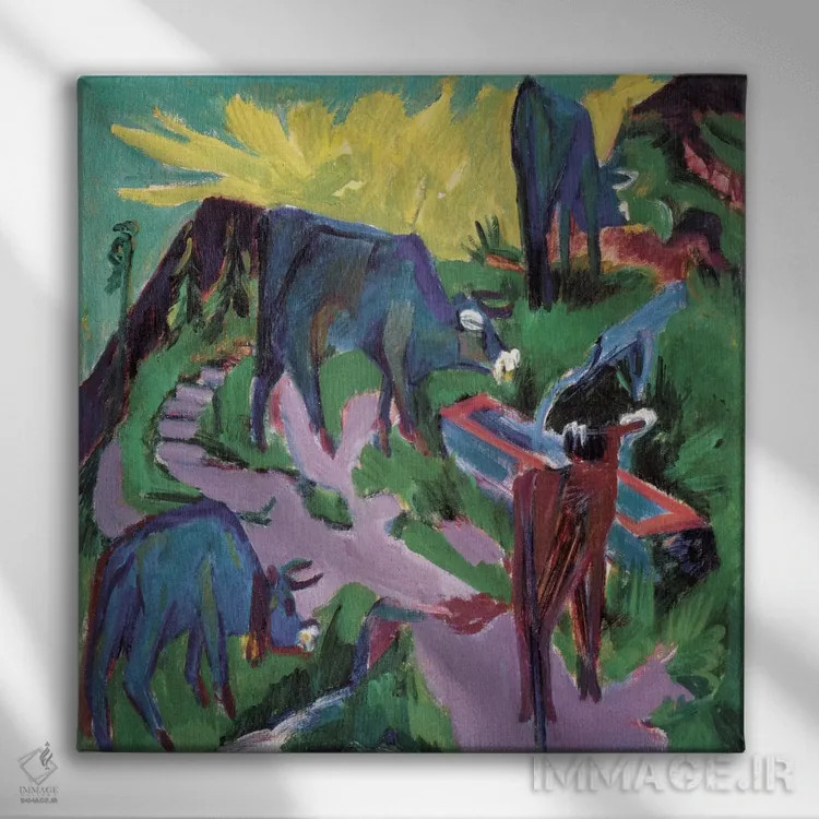 تابلو گاوها در غروب اثر ارنست لودویگ کیرشنر (نقاش اکسپرسیونیست آلمانی) - نمای روبهرو روی دیوار