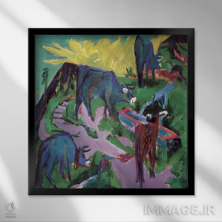 تابلو گاوها در غروب اثر ارنست لودویگ کیرشنر (نقاش اکسپرسیونیست آلمانی) - نمای قابدار مشکی
