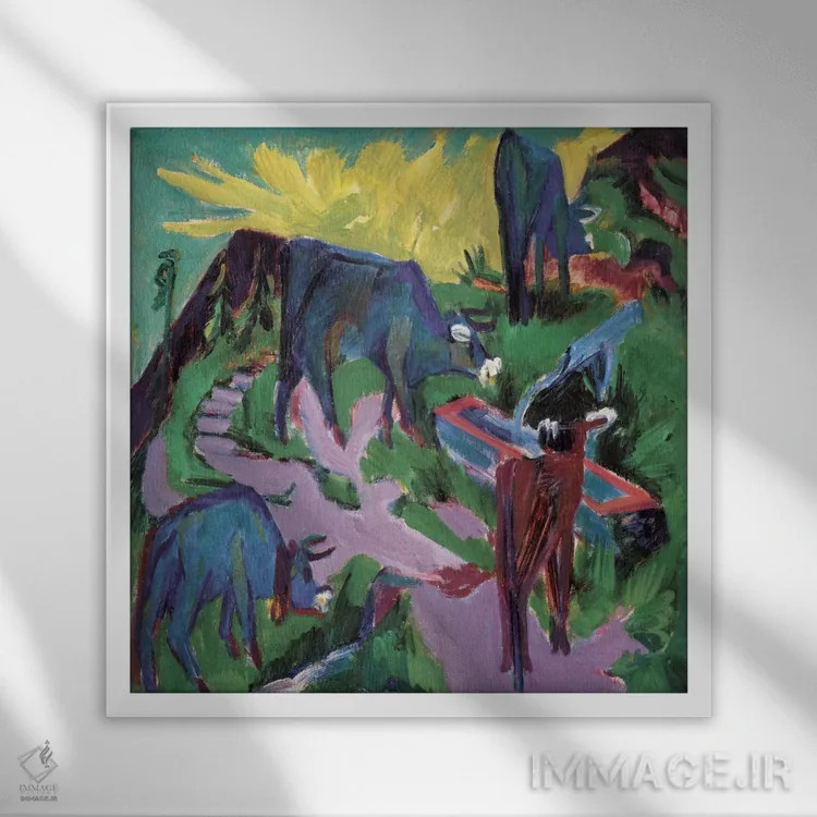 تابلو گاوها در غروب اثر ارنست لودویگ کیرشنر (نقاش اکسپرسیونیست آلمانی) - نمای قابدار سفید