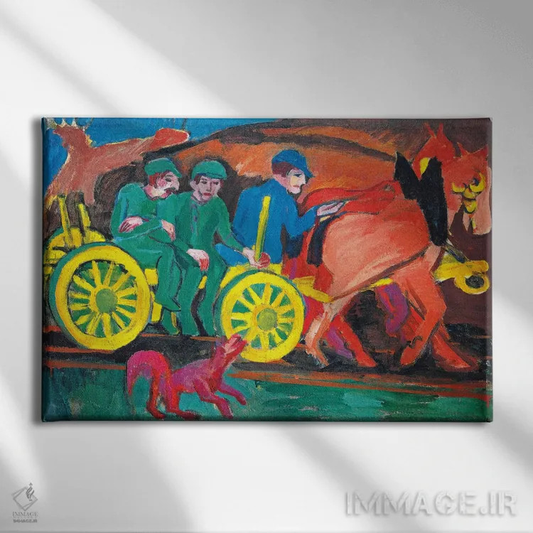 تابلو اسبها با سه کشاورز اثر ارنست لودویگ کیرشنر (نقاش اکسپرسیونیست آلمانی) - نمای روبهرو روی دیوار