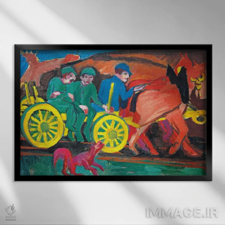 تابلو اسبها با سه کشاورز اثر ارنست لودویگ کیرشنر (نقاش اکسپرسیونیست آلمانی) - نمای قابدار مشکی