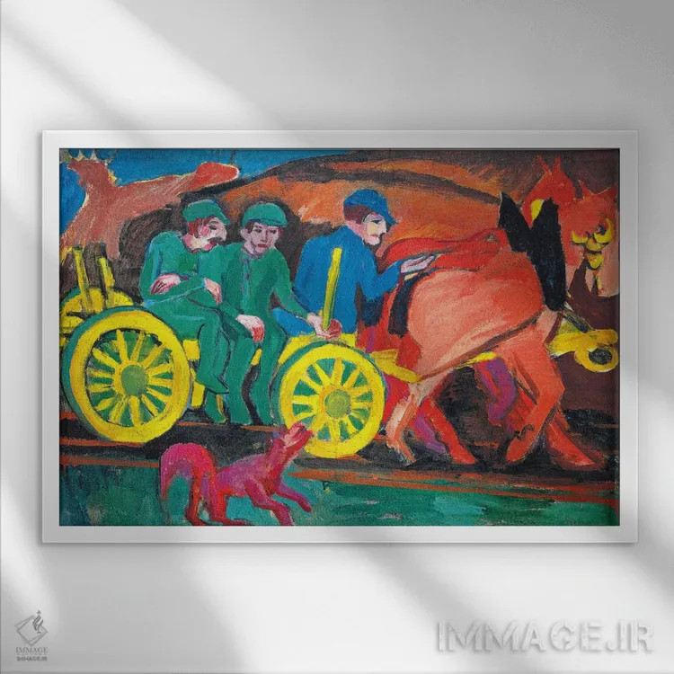 تابلو اسبها با سه کشاورز اثر ارنست لودویگ کیرشنر (نقاش اکسپرسیونیست آلمانی) - نمای قابدار سفید