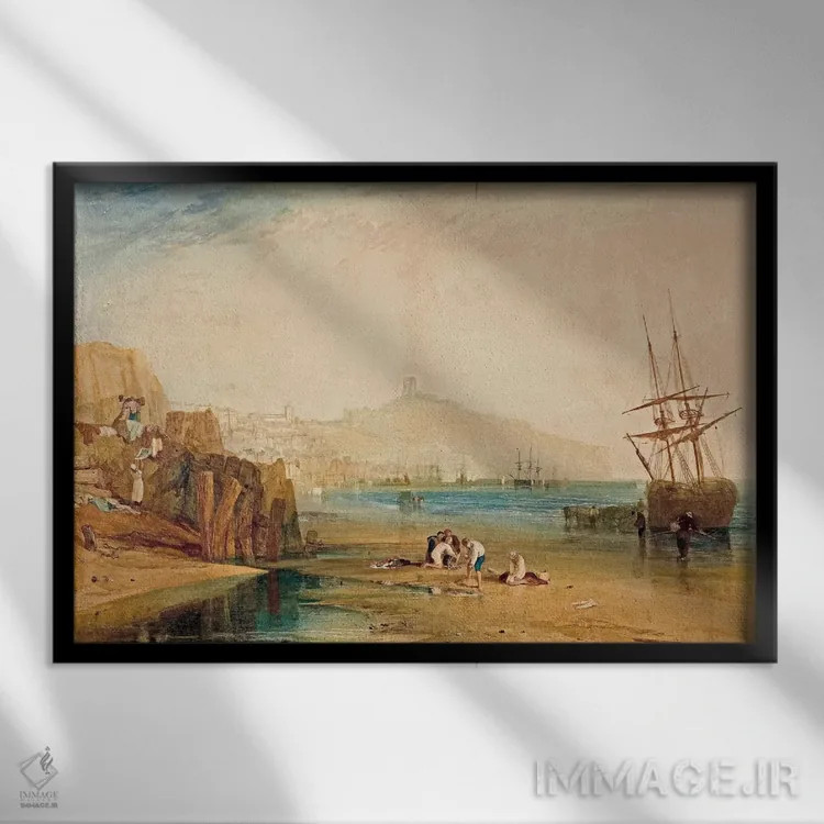 تابلو شهر و قلعهٔ اسکاربرو: صبح بچهها در حال گرفتن خرچنگ، ۱۸۱۰ اثر جی.ام.دبلیو. ترنر (نقاش بزرگ انگلیسی) - نمای قابدار مشکی