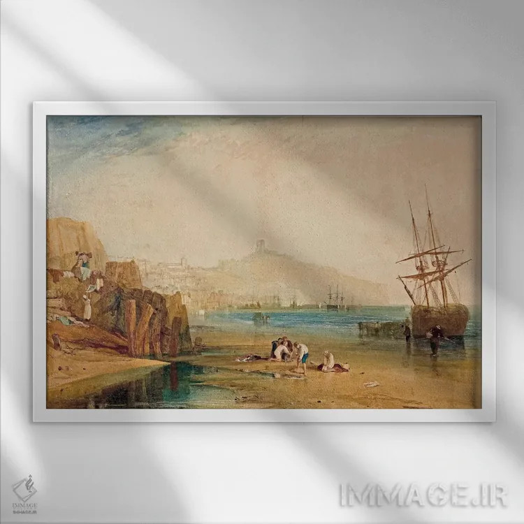 تابلو شهر و قلعهٔ اسکاربرو: صبح بچهها در حال گرفتن خرچنگ، ۱۸۱۰ اثر جی.ام.دبلیو. ترنر (نقاش بزرگ انگلیسی) - نمای قابدار سفید