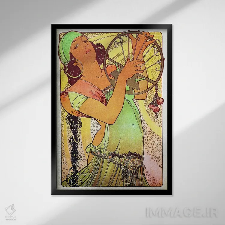 تابلو سالومهٔ مدرن با تمبر اثر آلفونس موخا (هنرمند آرت نووی چک) - نمای قابدار مشکی