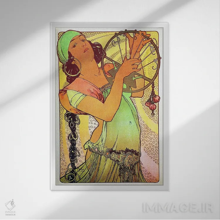 تابلو سالومهٔ مدرن با تمبر اثر آلفونس موخا (هنرمند آرت نووی چک) - نمای قابدار سفید