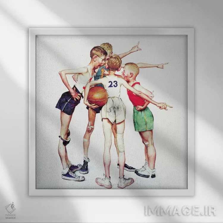 تابلو آفرین (چهار پسر ورزشکار: بسکتبال) اثر نورمن راکول - نمای قابدار سفید