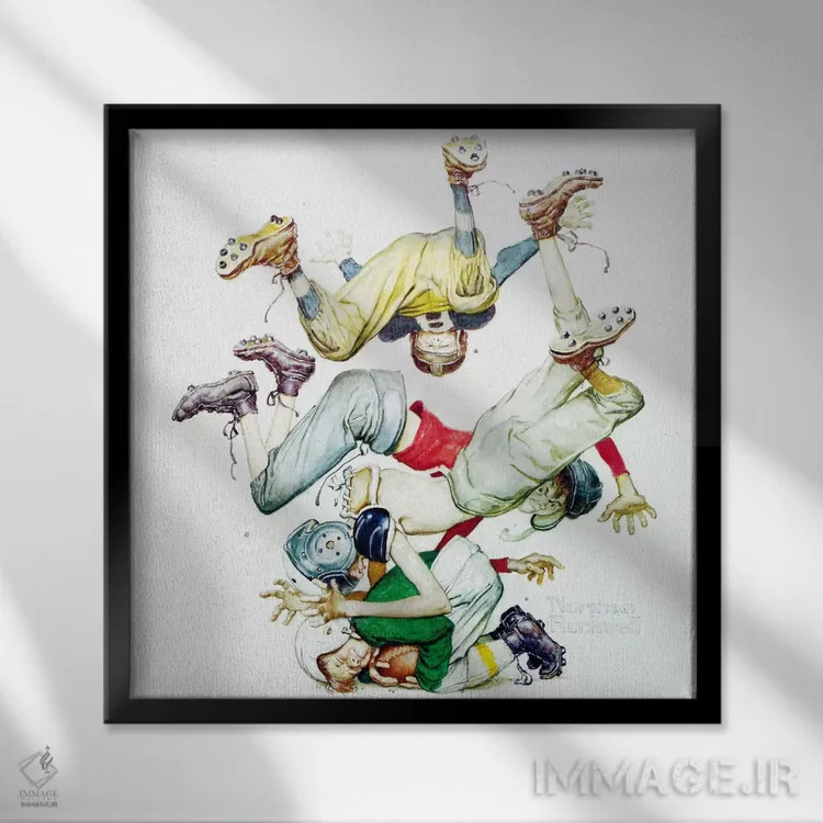 تابلو نخستین پیشروی (چهار پسر ورزشکار: فوتبال آمریکایی) اثر نورمن راکول - نمای قابدار مشکی