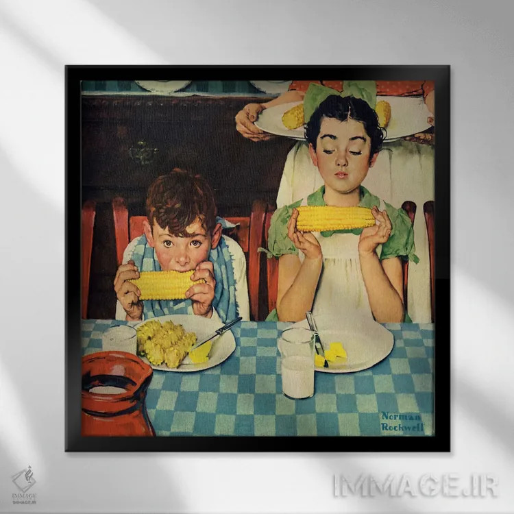 تابلو کدام یکی بیشتر خوش میگذراند (بچهها در حال خوردن ذرت) اثر نورمن راکول - نمای قابدار مشکی