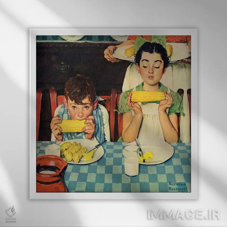 تابلو کدام یکی بیشتر خوش میگذراند (بچهها در حال خوردن ذرت) اثر نورمن راکول - نمای قابدار سفید