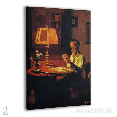 تابلو مرد در حال بازی ورق با نور چراغ اثر نورمن راکول - نمای پرسپکتیو محصول