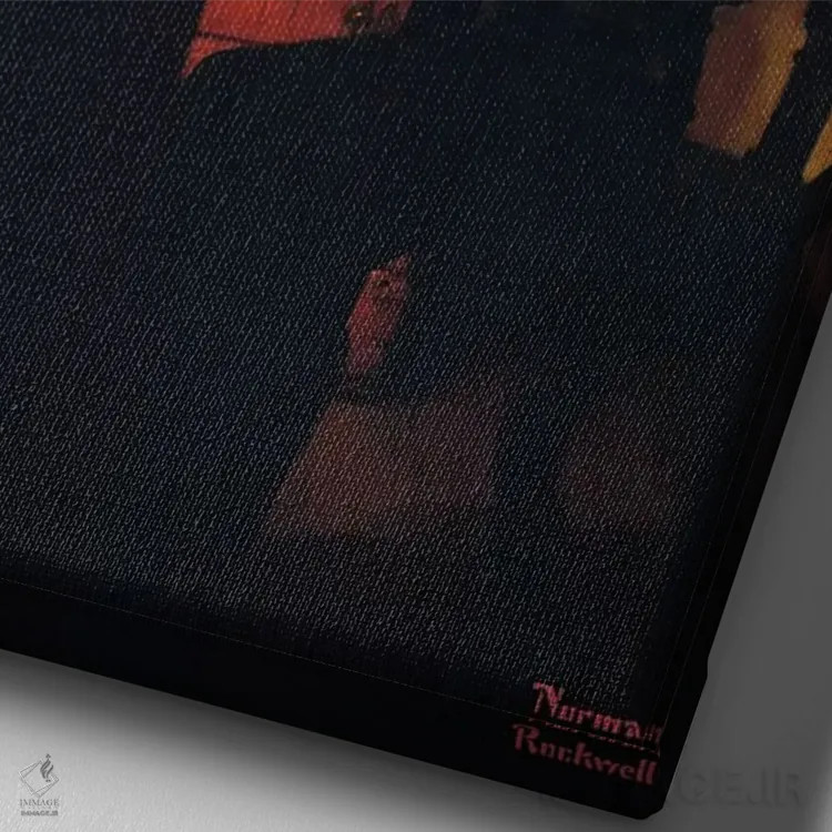 تابلو مرد در حال بازی ورق با نور چراغ اثر نورمن راکول - نمای نزدیک بافت بوم