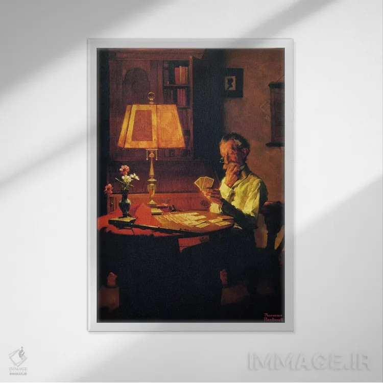 تابلو مرد در حال بازی ورق با نور چراغ اثر نورمن راکول - نمای قابدار سفید