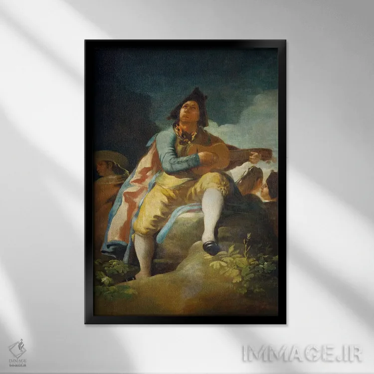 تابلو الجوان ظریف با گیتار، ۱۷۷۹ اثر فرانسیسکو گویا (نقاش و چاپگر اسپانیایی) - نمای قابدار مشکی