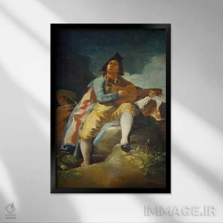 تابلو الجوان ظریف با گیتار، ۱۷۷۹ اثر فرانسیسکو گویا (نقاش و چاپگر اسپانیایی) - نمای قابدار مشکی