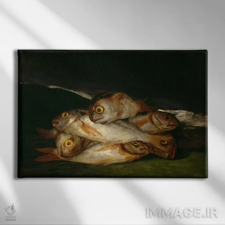 تابلو طبیعت بیجان با ماهی برم طلایی، ۱۸۱۲ اثر فرانسیسکو گویا (نقاش و چاپگر اسپانیایی) - نمای روبهرو روی دیوار