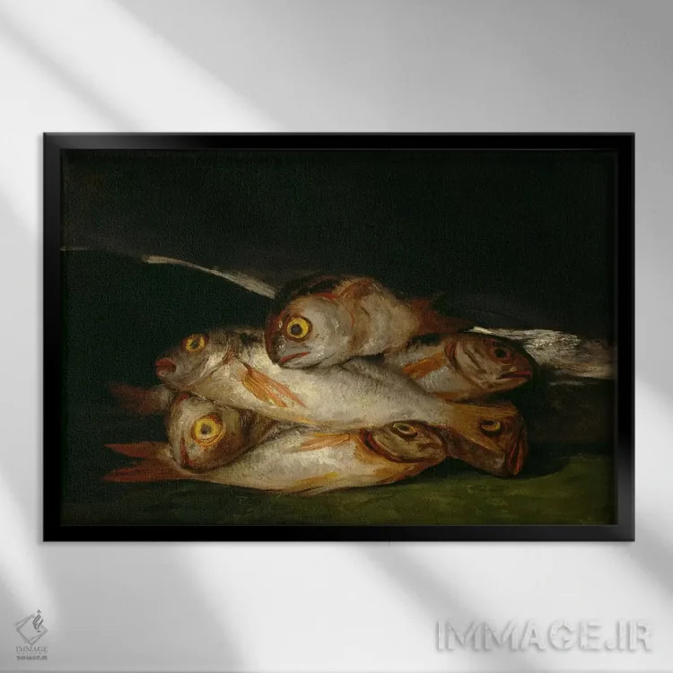 تابلو طبیعت بیجان با ماهی برم طلایی، ۱۸۱۲ اثر فرانسیسکو گویا (نقاش و چاپگر اسپانیایی) - نمای قابدار مشکی