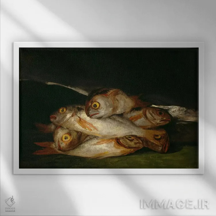 تابلو طبیعت بیجان با ماهی برم طلایی، ۱۸۱۲ اثر فرانسیسکو گویا (نقاش و چاپگر اسپانیایی) - نمای قابدار سفید