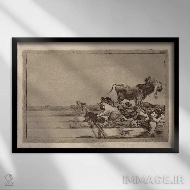 تابلو رویدادهای هولناک در ردیفهای جلویی میدان مادرید و مرگ شهردار تورخون اثر فرانسیسکو گویا (نقاش و چاپگر اسپانیایی) - نمای قابدار مشکی