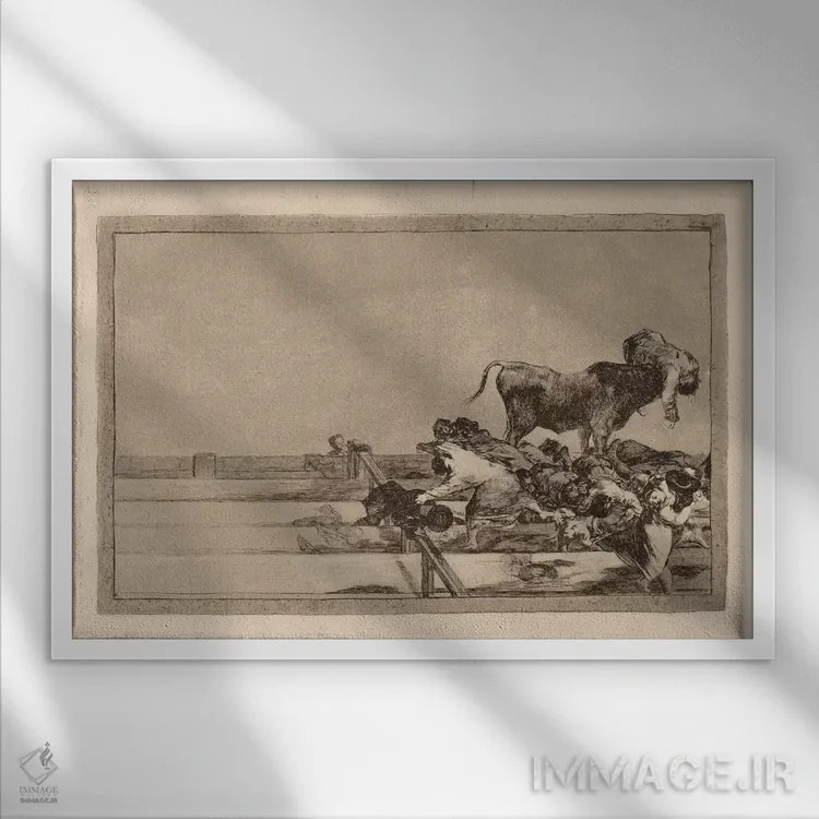 تابلو رویدادهای هولناک در ردیفهای جلویی میدان مادرید و مرگ شهردار تورخون اثر فرانسیسکو گویا (نقاش و چاپگر اسپانیایی) - نمای قابدار سفید