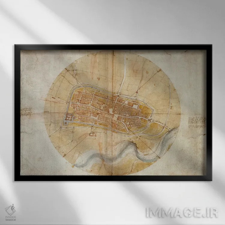 تابلو نقشهٔ ایمولا، ۱۵۰۲ (شهر ایتالیا) اثر لئوناردو داوینچی (نقاش و مخترع ایتالیایی) - نمای قابدار مشکی