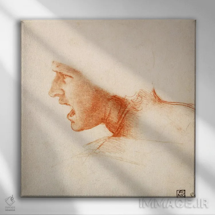 تابلو سر یک جنگجو (سردار قرمز) اثر لئوناردو داوینچی (نقاش و مخترع ایتالیایی) - نمای روبهرو روی دیوار