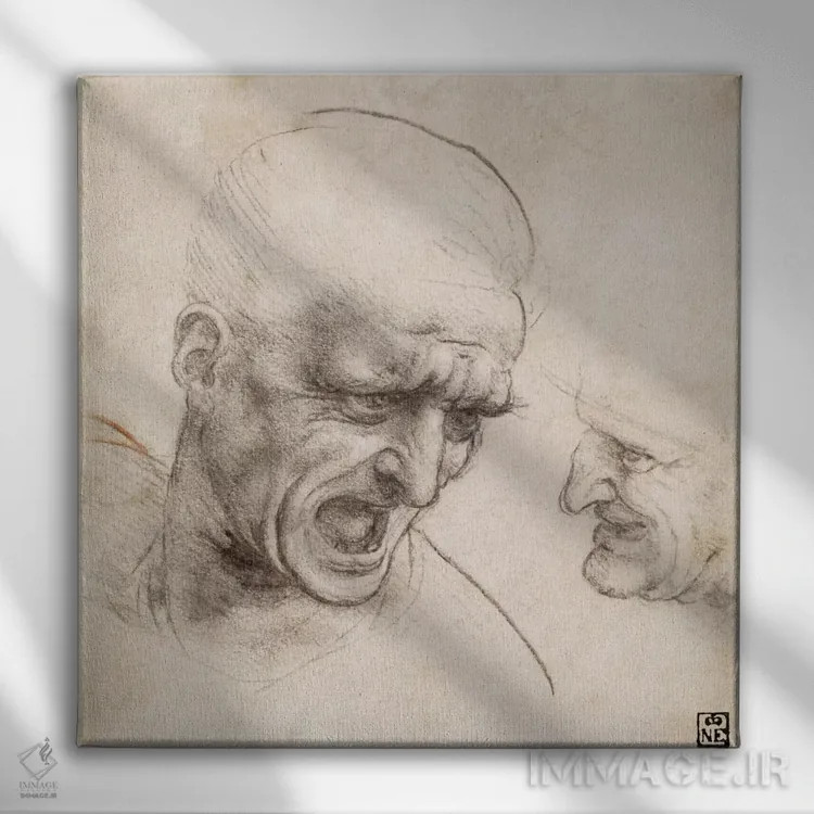 تابلو مطالعهٔ سر دو جنگجو برای نبرد آنگیاری، ۱۵۰۵ اثر لئوناردو داوینچی (نقاش و مخترع ایتالیایی) - نمای روبهرو روی دیوار