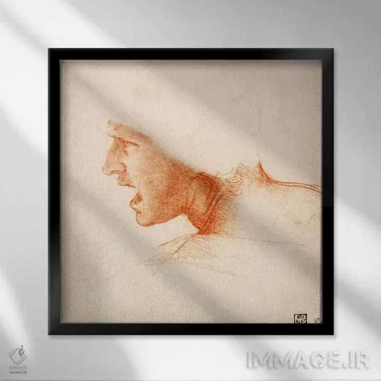 تابلو سر یک جنگجو (سردار قرمز) اثر لئوناردو داوینچی (نقاش و مخترع ایتالیایی) - نمای قابدار مشکی