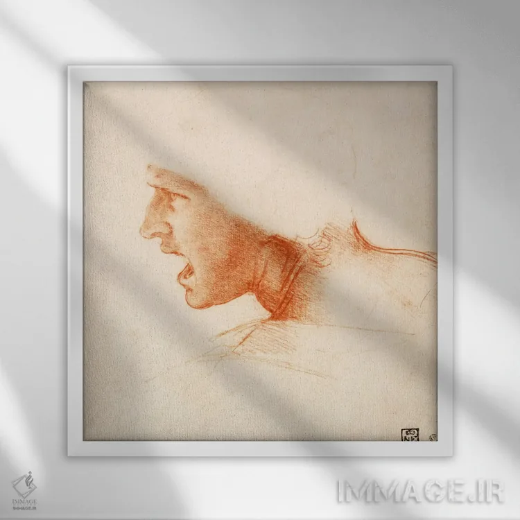 تابلو سر یک جنگجو (سردار قرمز) اثر لئوناردو داوینچی (نقاش و مخترع ایتالیایی) - نمای قابدار سفید