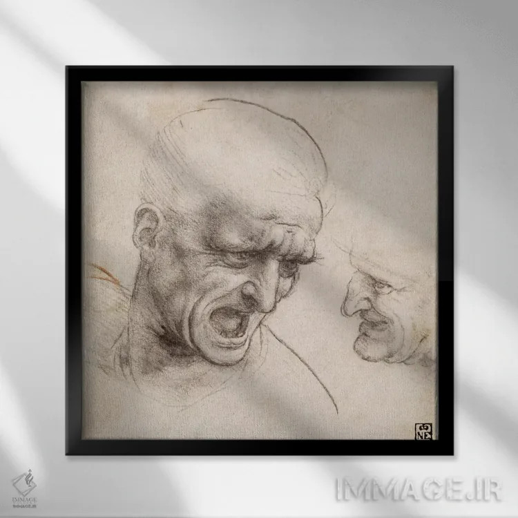 تابلو مطالعهٔ سر دو جنگجو برای نبرد آنگیاری، ۱۵۰۵ اثر لئوناردو داوینچی (نقاش و مخترع ایتالیایی) - نمای قابدار مشکی