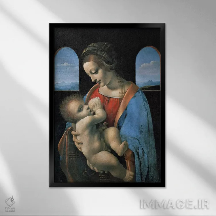 تابلو مادونا لیتا، ۱۴۹۰ (نقاشی معنویتی) اثر لئوناردو داوینچی (نقاش و مخترع ایتالیایی) - نمای قابدار مشکی