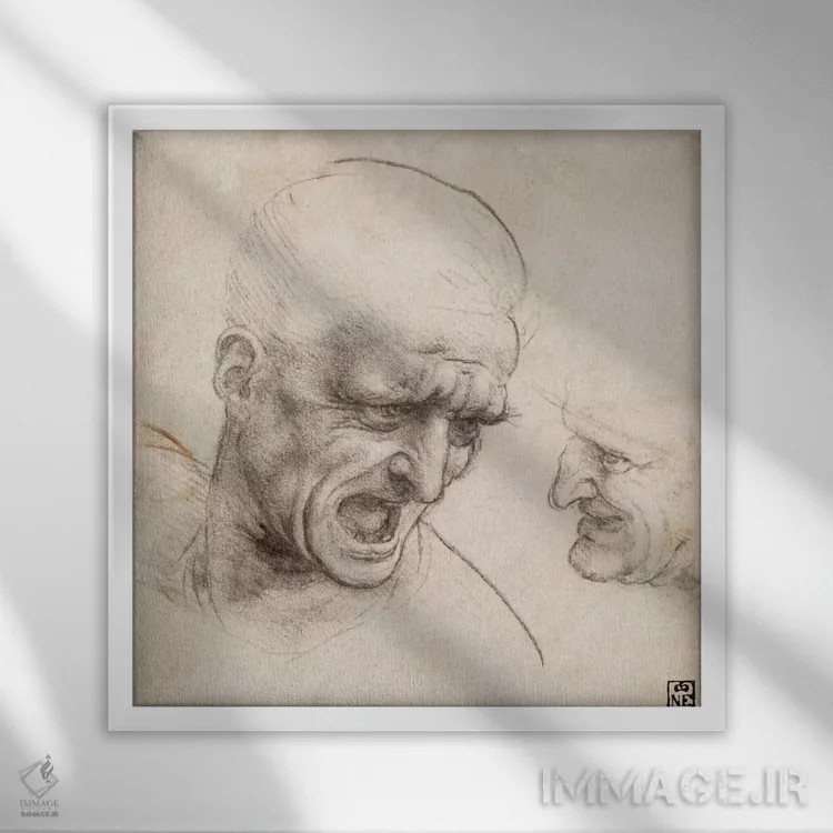 تابلو مطالعهٔ سر دو جنگجو برای نبرد آنگیاری، ۱۵۰۵ اثر لئوناردو داوینچی (نقاش و مخترع ایتالیایی) - نمای قابدار سفید