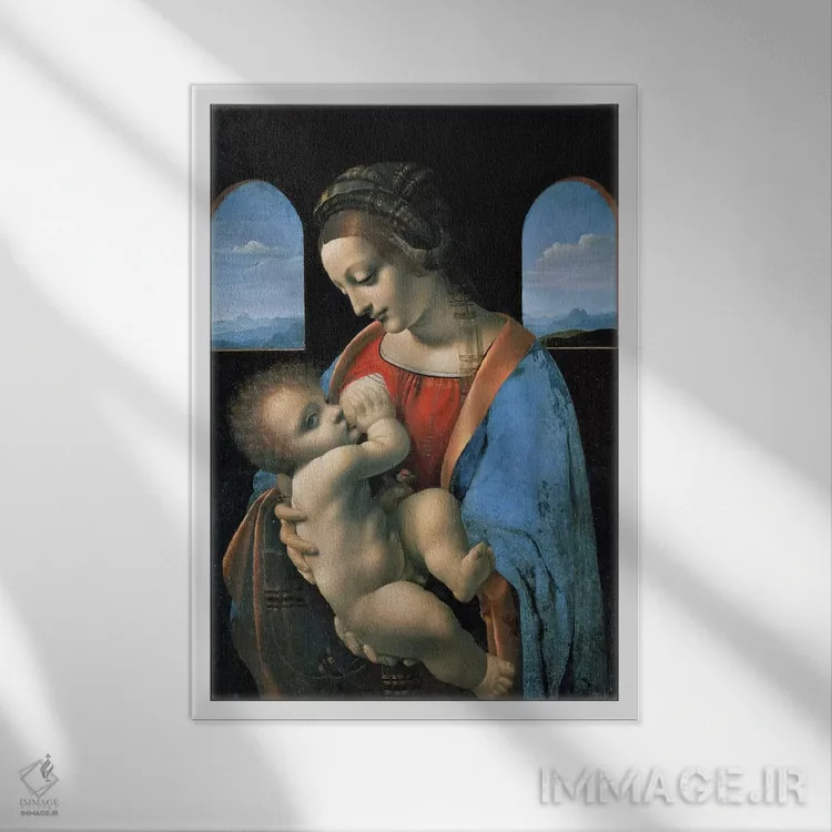 تابلو مادونا لیتا، ۱۴۹۰ (نقاشی معنویتی) اثر لئوناردو داوینچی (نقاش و مخترع ایتالیایی) - نمای قابدار سفید