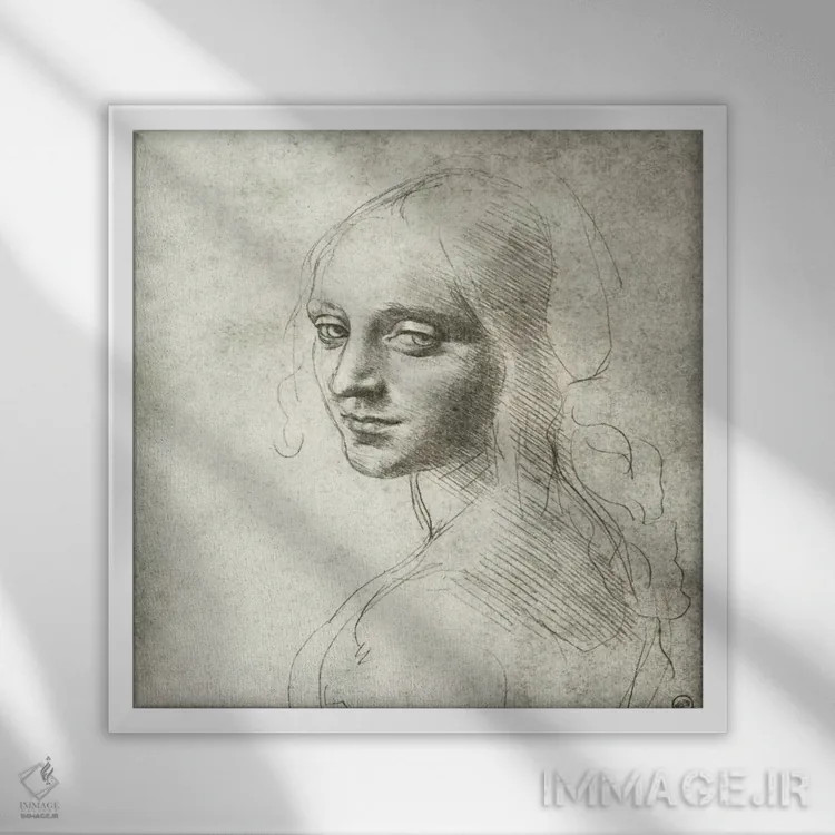 تابلو سر یک دختر، ۱۴۸۳ اثر لئوناردو داوینچی (نقاش و مخترع ایتالیایی) - نمای قابدار سفید