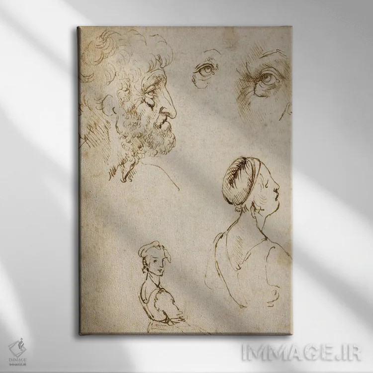 تابلو برگه مطالعات (روی کاغذ) اثر لئوناردو داوینچی (نقاش و مخترع ایتالیایی) - نمای روبهرو روی دیوار
